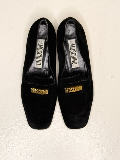 Moschino Black Suede Loafers with Gold Logo – Size 36.5