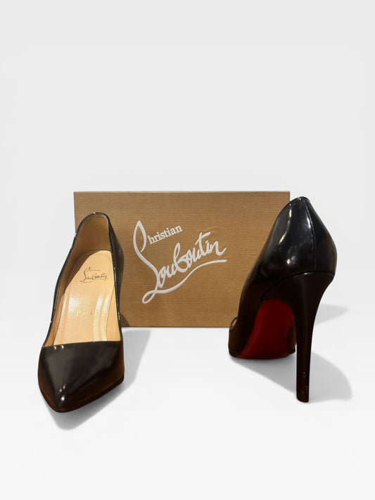 Christian Louboutin Kate 100 Black Patent Leather Pumps – EU 36 – Pointed Toe Stiletto Red Sole Designer Heels