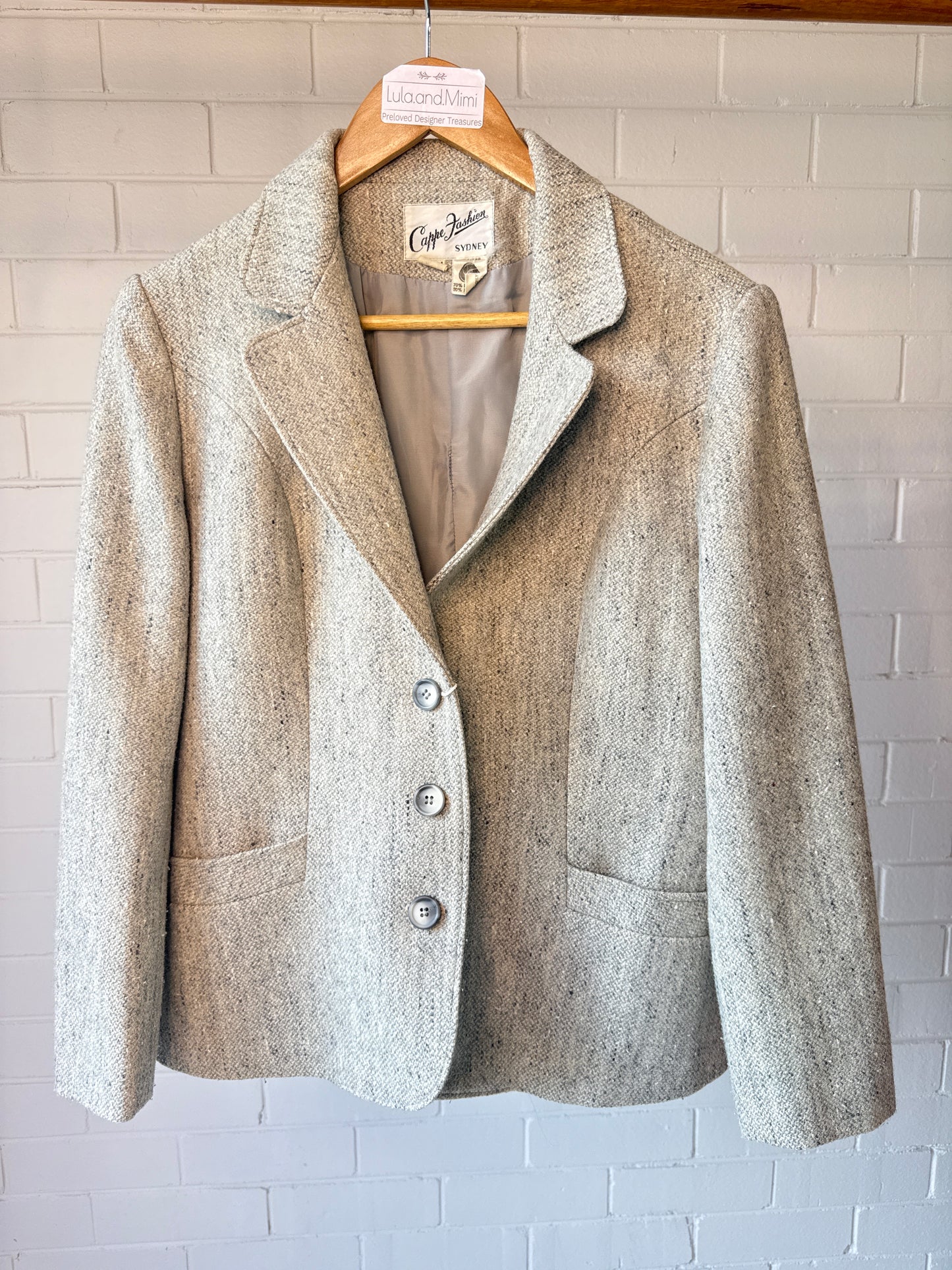Cappe Fashion Sydney Vintage Wool Blazer in Light Grey- Size 14