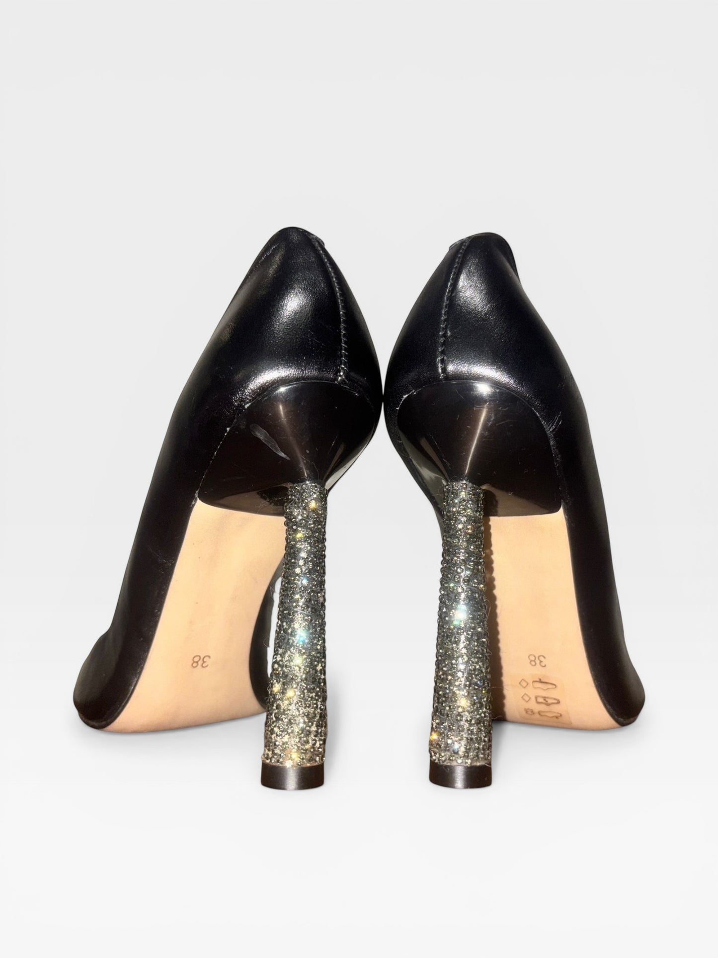 Castello Luxury Collection Crystal Heel Pumps Black Leather Pointed Toe EU 38 Rhinestone Stiletto