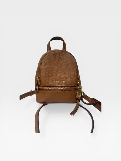 Michael Kors Rhea Zip Small Leather Backpack Brown Pebbled Leather Mini Backpack Gold Hardware