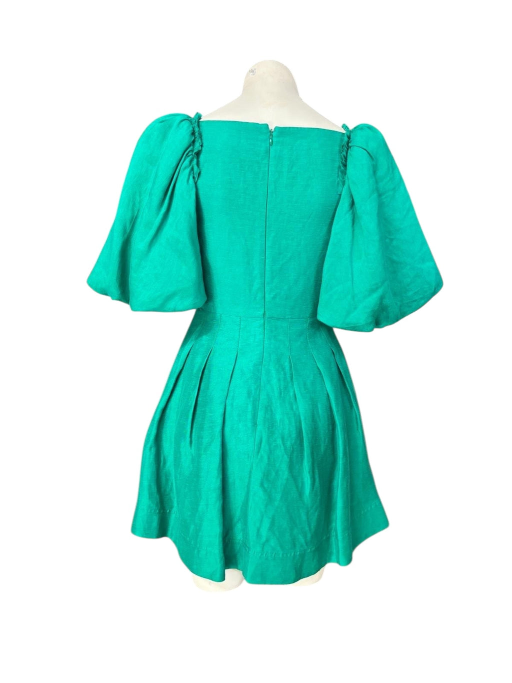 Aje Dusk Knot Puff Sleeve Mini Dress in emerald green, open back and cut-out detail