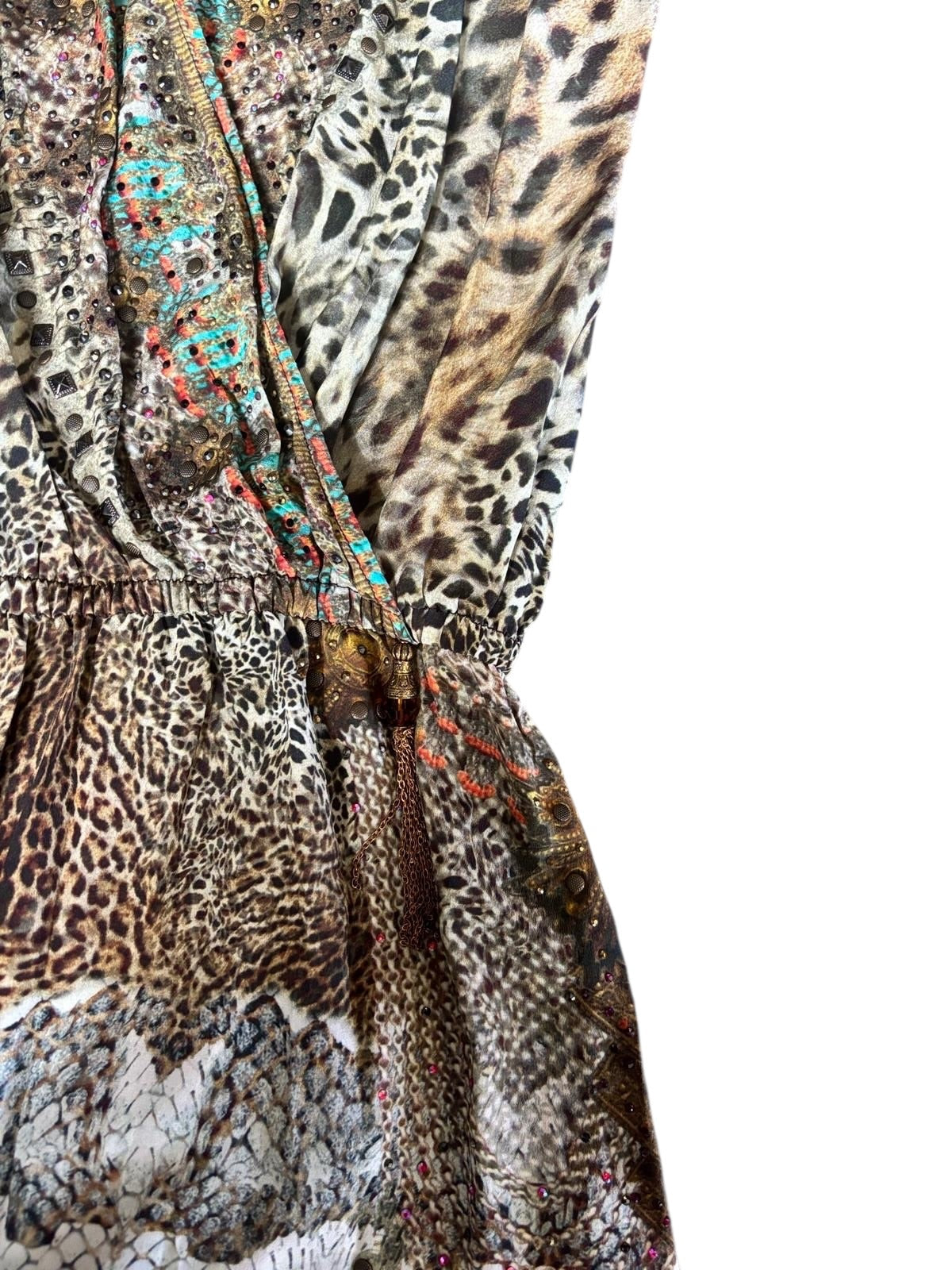 Camilla Silk High-Low Dress Embellished Animal Print Kaftan Mini Dress Designer Resort Wear- 1