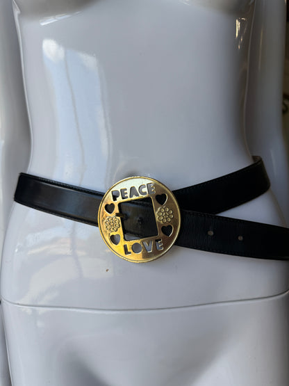 Moschino Black Leather Belt – Vintage Brass “Peace & Love” Buckle Y2K Designer