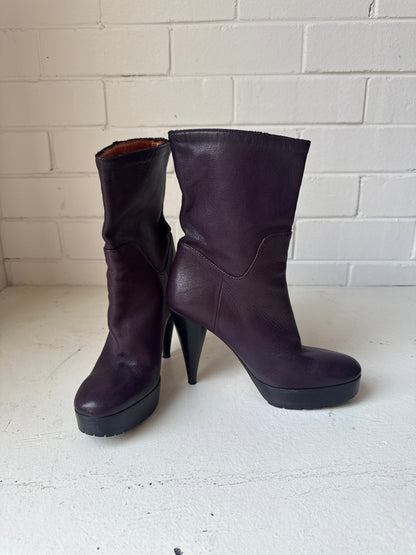 Lanvin Burgundy Leather Platform Boots – High Heel Ankle Boots, Parisian Luxury- Size 36
