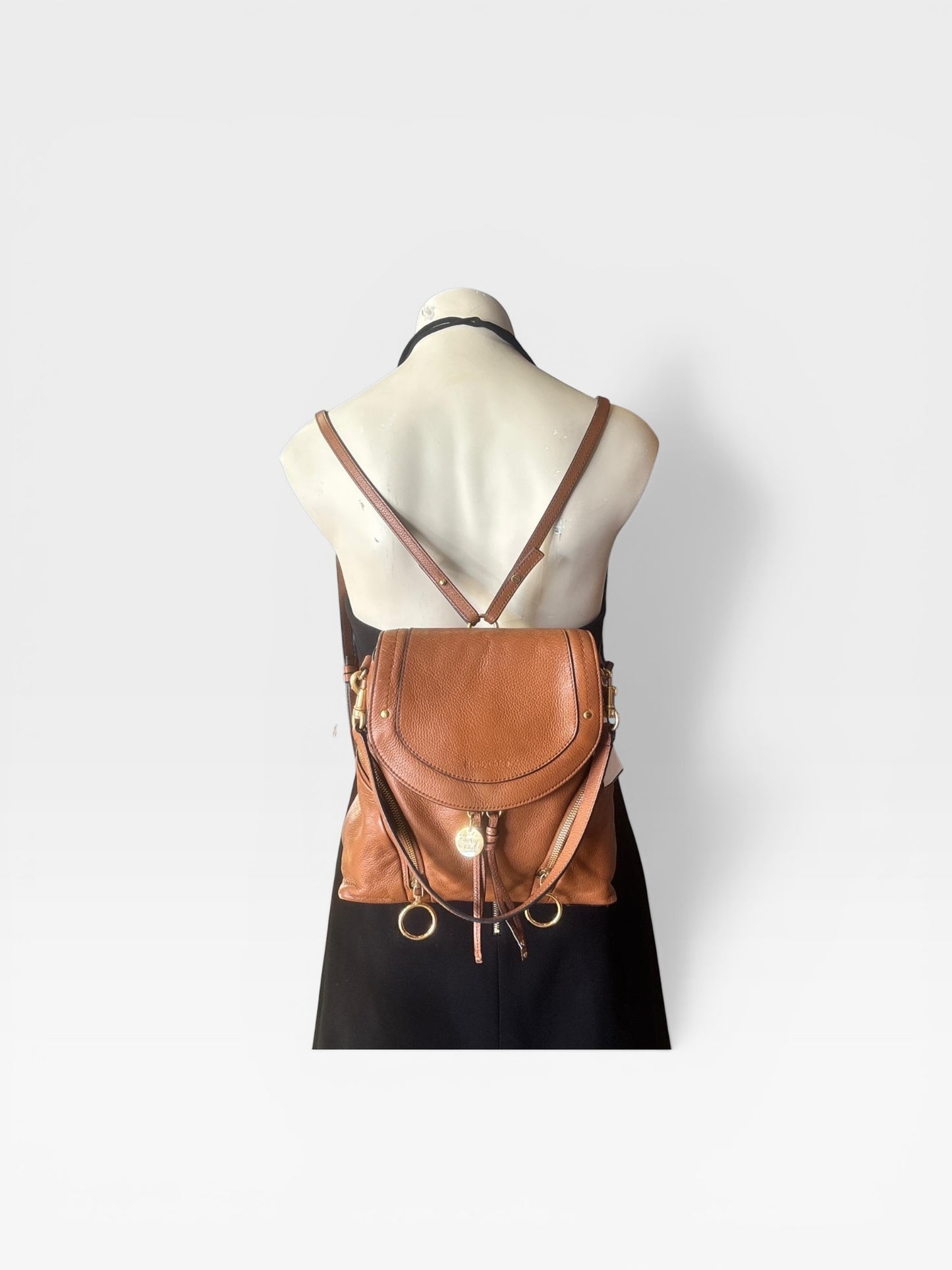 See By Chloé Tan Leather Backpack | Gold Ring Detail | Boho Luxe Designer Bag