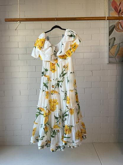 Leo Lin Marguerite Blanche Swan Maxi Dress Size 10 Floral Ruffle