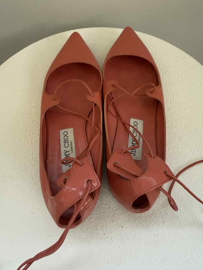 Jimmy Choo Patent Lace-Up Flats Coral- Size 38