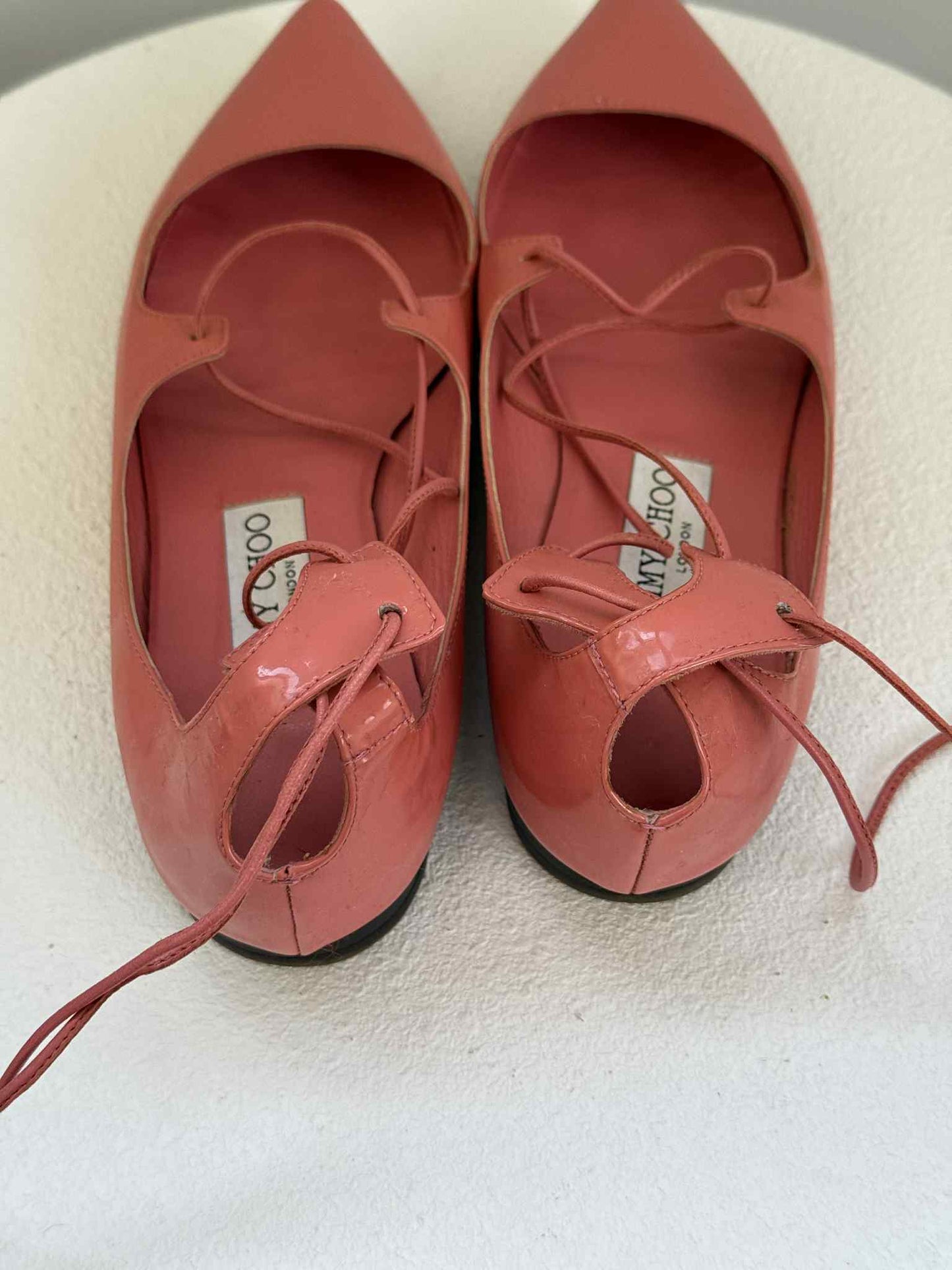 Jimmy Choo Patent Lace-Up Flats Coral- Size 38