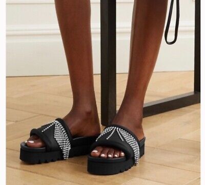 AREA Crystal-Embellished Platform Slides – Black Sandals with Rhinestone Straps- Size 36