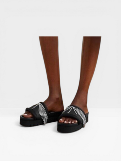 AREA Crystal-Embellished Platform Slides – Black Sandals with Rhinestone Straps- Size 36