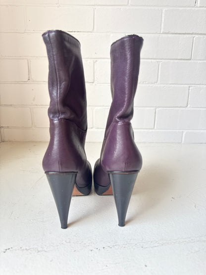 Lanvin Burgundy Leather Platform Boots – High Heel Ankle Boots, Parisian Luxury- Size 36