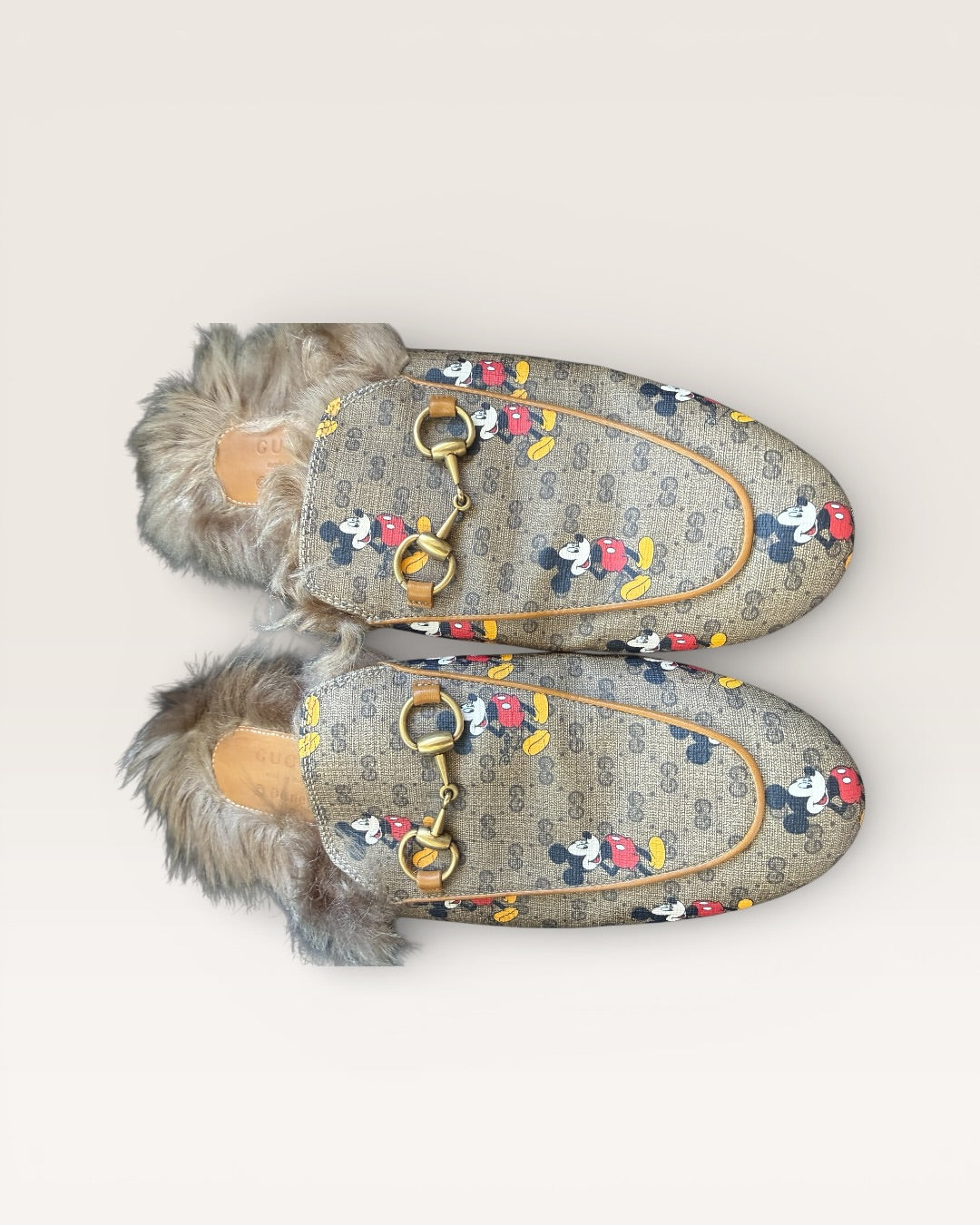 Gucci Princetown Mickey Mouse GG Supreme Fur Loafers Slippers Horsebit - 37