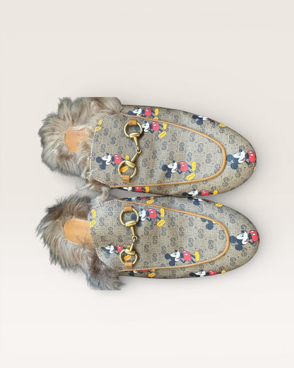 Gucci Princetown Mickey Mouse GG Supreme Fur Loafers Slippers Horsebit - 37