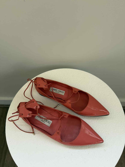 Jimmy Choo Patent Lace-Up Flats Coral- Size 38