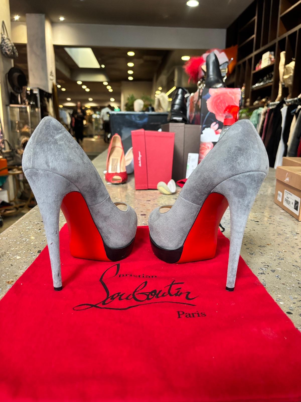 Christian Louboutin Prive Grey Suede Peep Toe Platform Heels EU 38