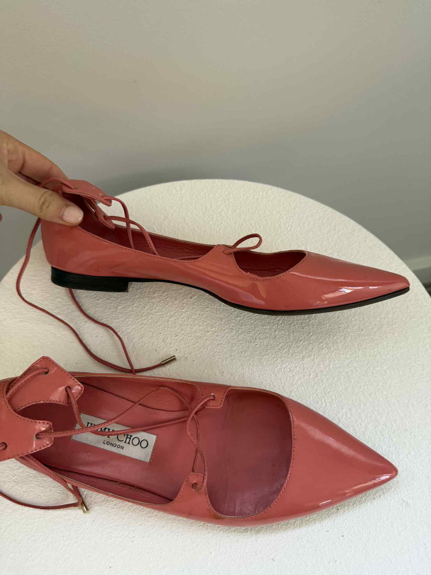Jimmy Choo Patent Lace-Up Flats Coral- Size 38