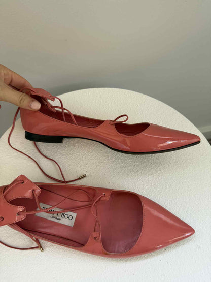 Jimmy Choo Patent Lace-Up Flats Coral- Size 38