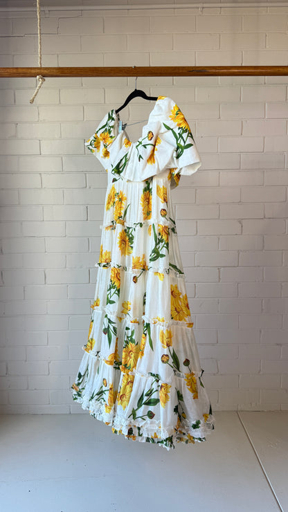 Leo Lin Marguerite Blanche Swan Maxi Dress Size 10 Floral Ruffle