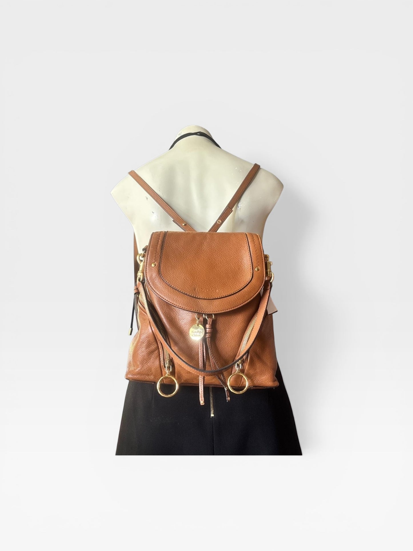 See By Chloé Tan Leather Backpack | Gold Ring Detail | Boho Luxe Designer Bag