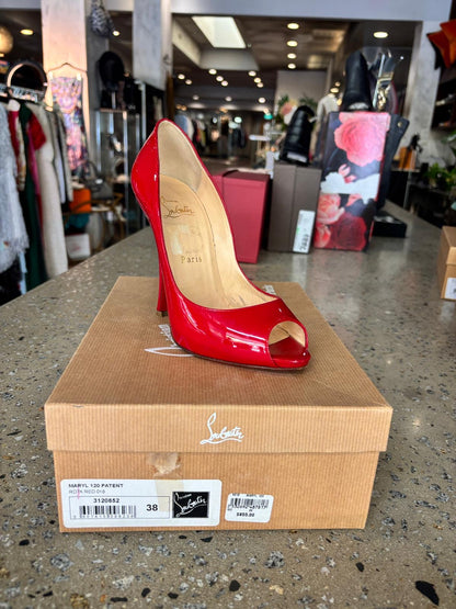 Christian Louboutin Maryl 120 Red Patent Peep Toe Pumps – EU 38 – Platform Designer Heels Red Sole
