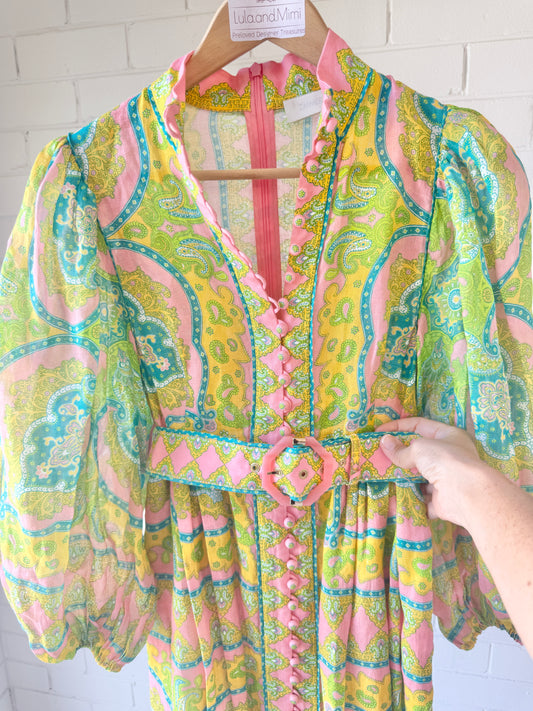 Zimmermann Estelle Buttoned Midi Dress Pink/Green Paisley- Size OP