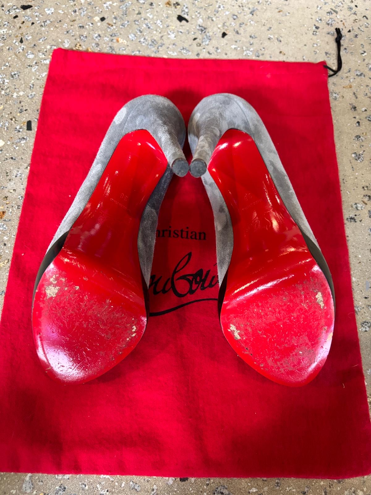 Christian Louboutin Prive Grey Suede Peep Toe Platform Heels EU 38