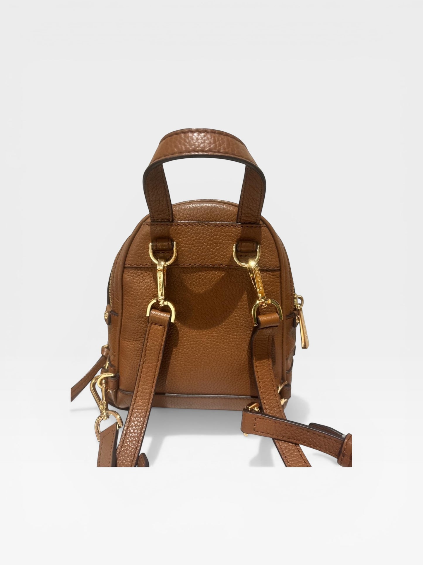 Michael Kors Rhea Zip Small Leather Backpack Brown Pebbled Leather Mini Backpack Gold Hardware