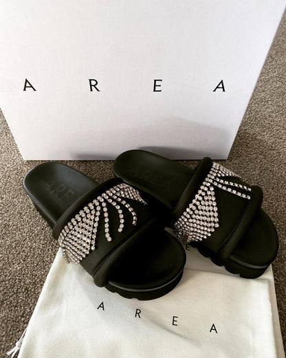 AREA Crystal-Embellished Platform Slides – Black Sandals with Rhinestone Straps- Size 36