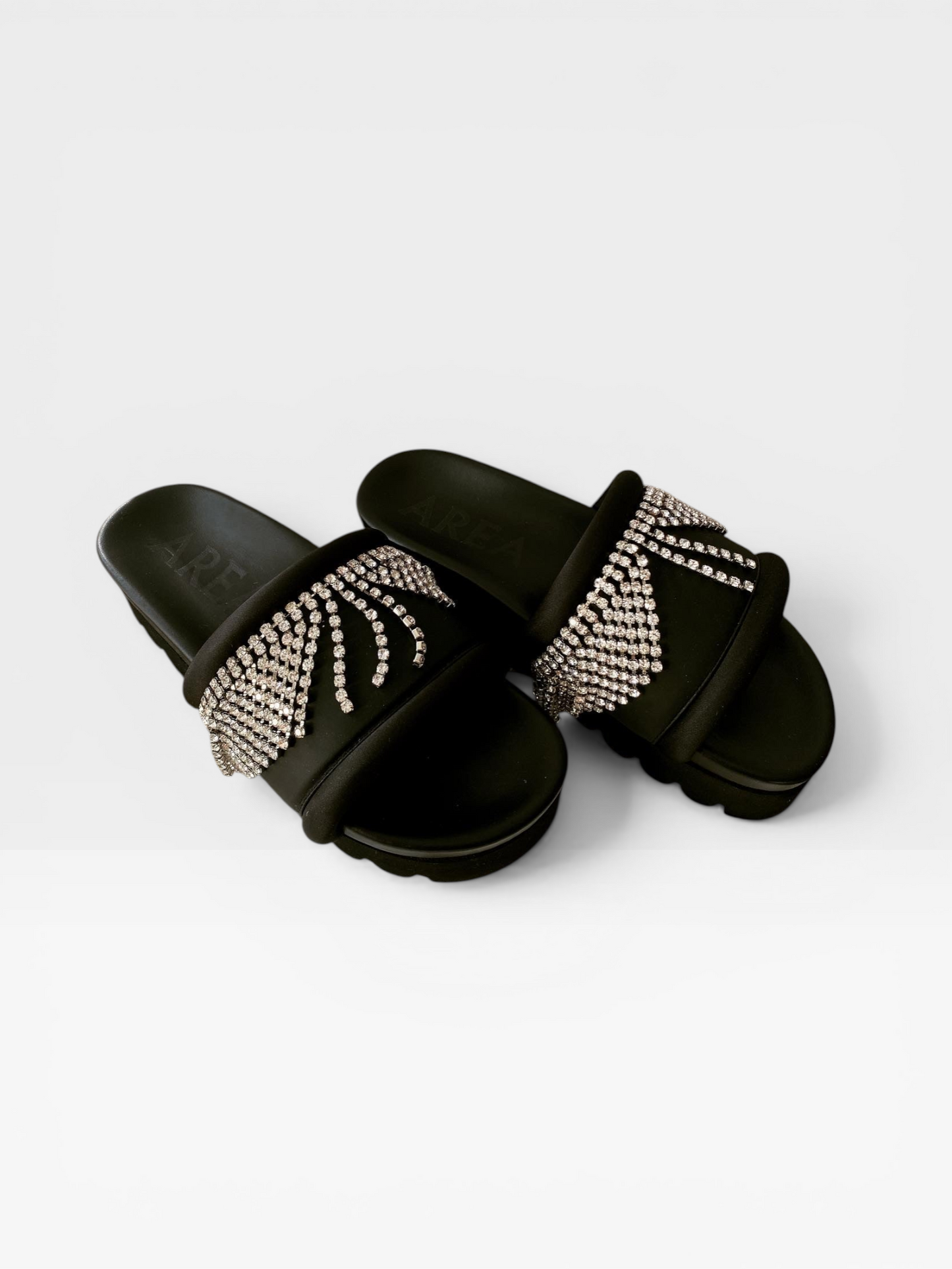 AREA Crystal-Embellished Platform Slides – Black Sandals with Rhinestone Straps- Size 36