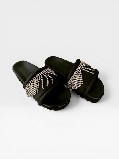 AREA Crystal-Embellished Platform Slides – Black Sandals with Rhinestone Straps- Size 36