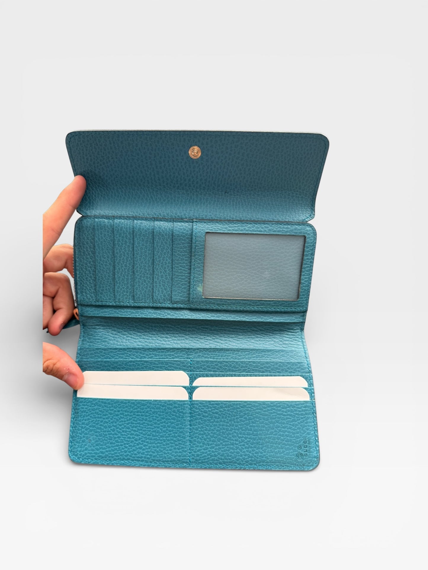 GUCCI Leather Long Wallet in Turquoise Blue