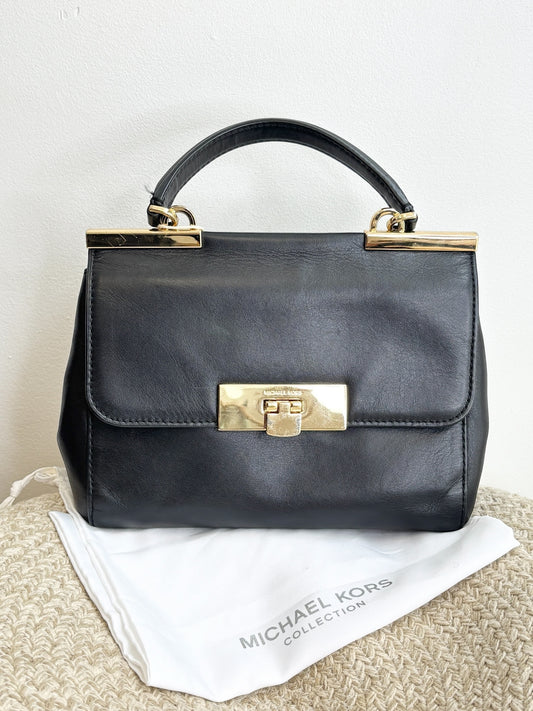 Michael Kors Manhattan Small Top Handle Bag – Black Leather with Gold Hardware