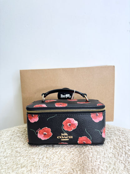 Coach Jewellery Case with Poppy Print Black Large Travel Zip Gold CDC13