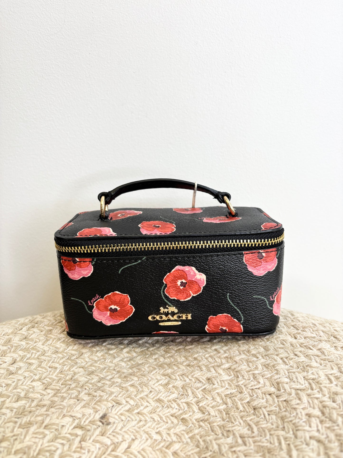 Coach Jewellery Case with Poppy Print Black Large Travel Zip Gold CDC13