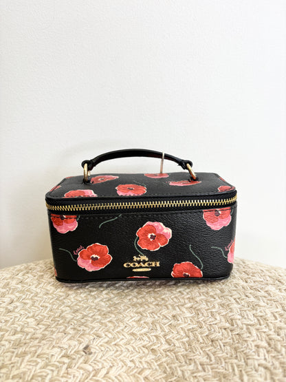 Coach Jewellery Case with Poppy Print Black Large Travel Zip Gold CDC13