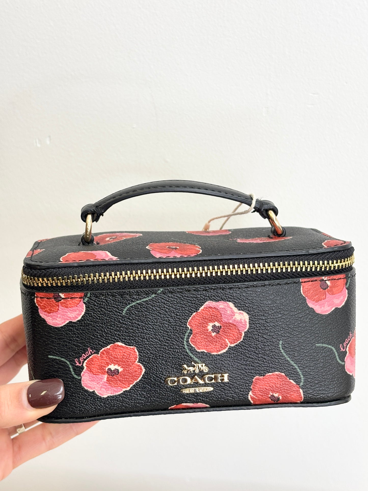 Coach Jewellery Case with Poppy Print Black Large Travel Zip Gold CDC13