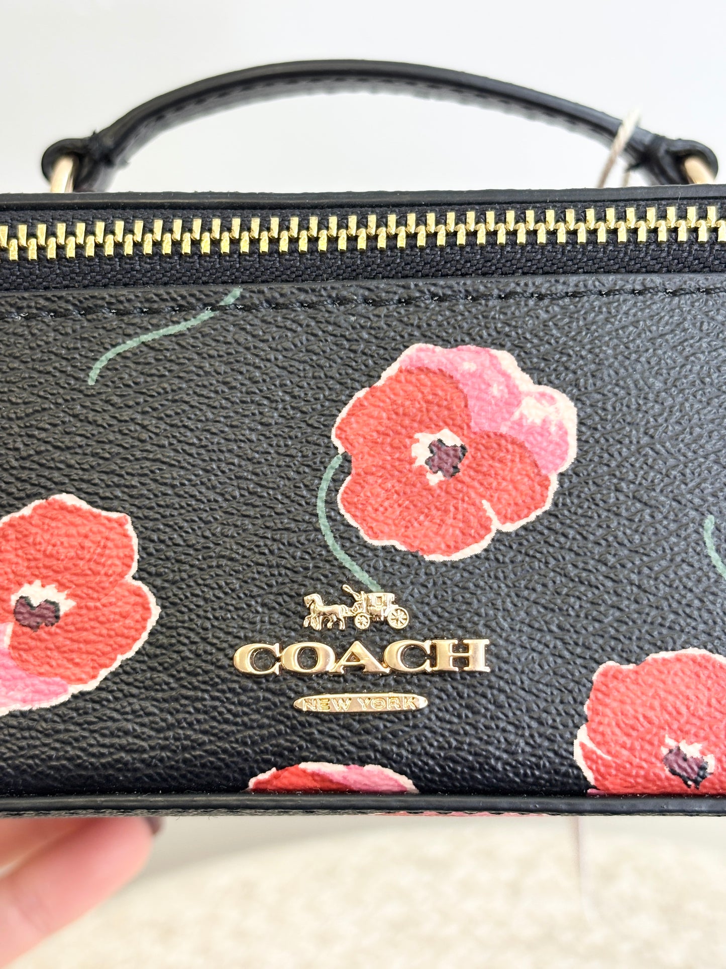 Coach Jewellery Case with Poppy Print Black Large Travel Zip Gold CDC13