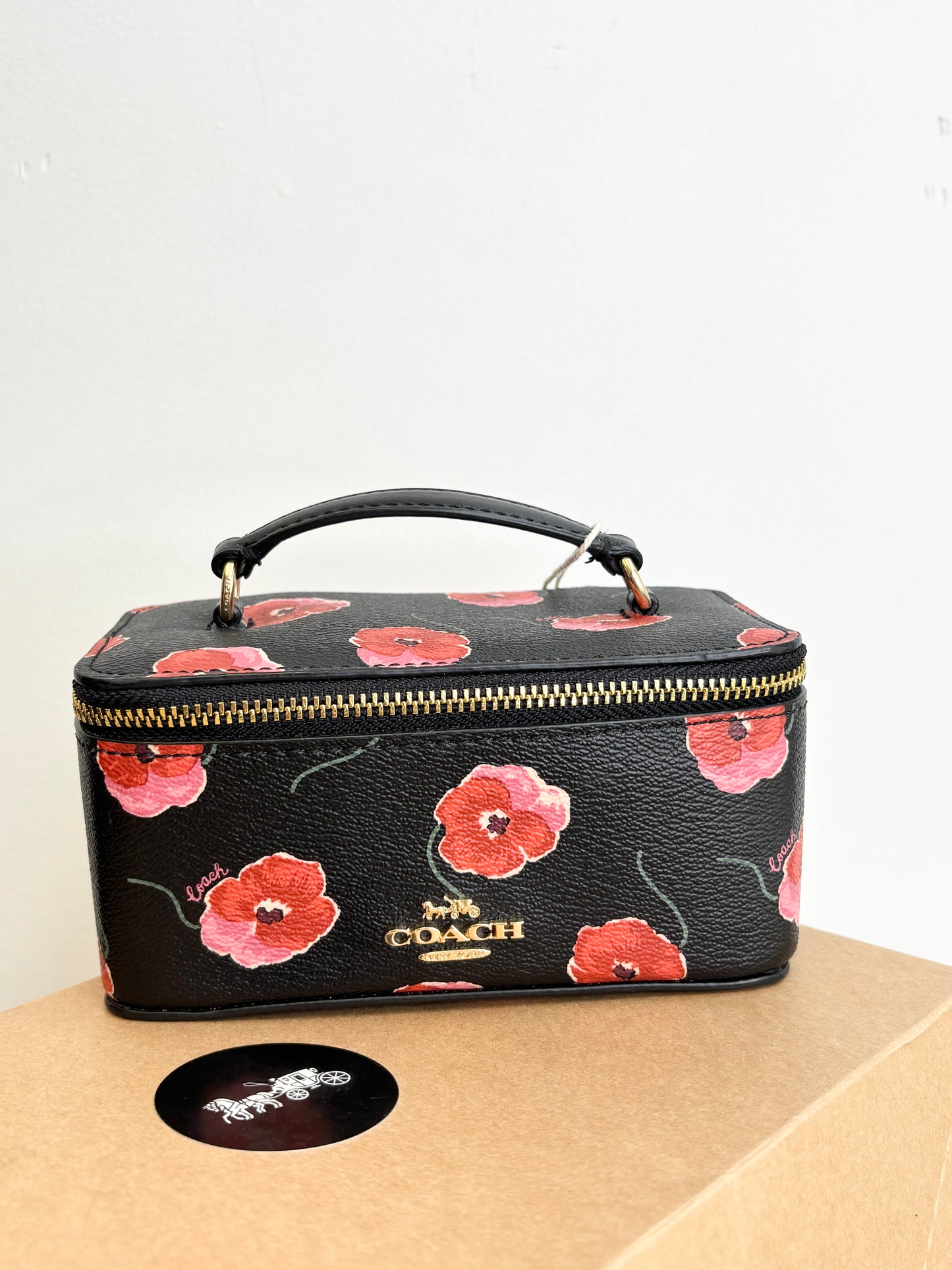 Coach Jewellery Case with Poppy Print Black Large Travel Zip Gold CDC13