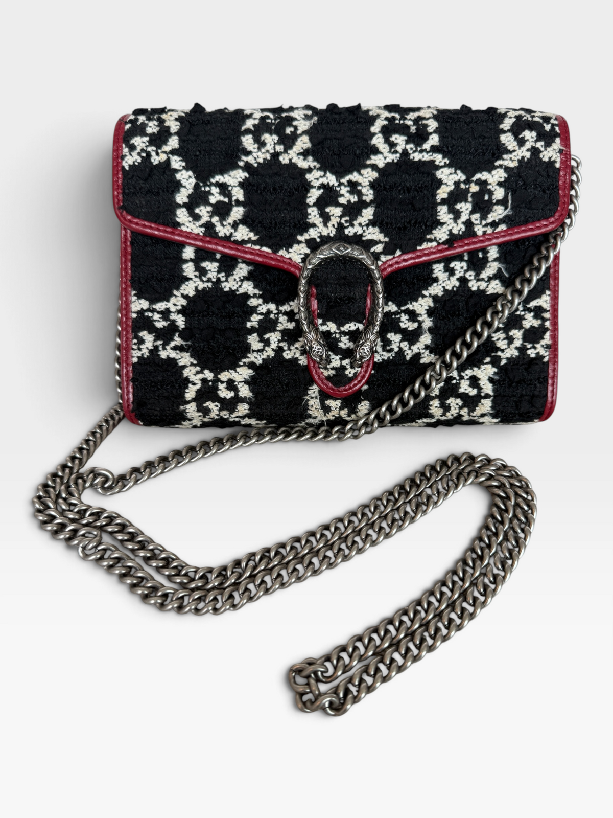 Gucci Dionysus GG Tweed Chain Wallet in Black and White with Red Trim – Mini