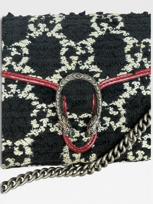 Gucci Dionysus GG Tweed Chain Wallet in Black and White with Red Trim – Mini