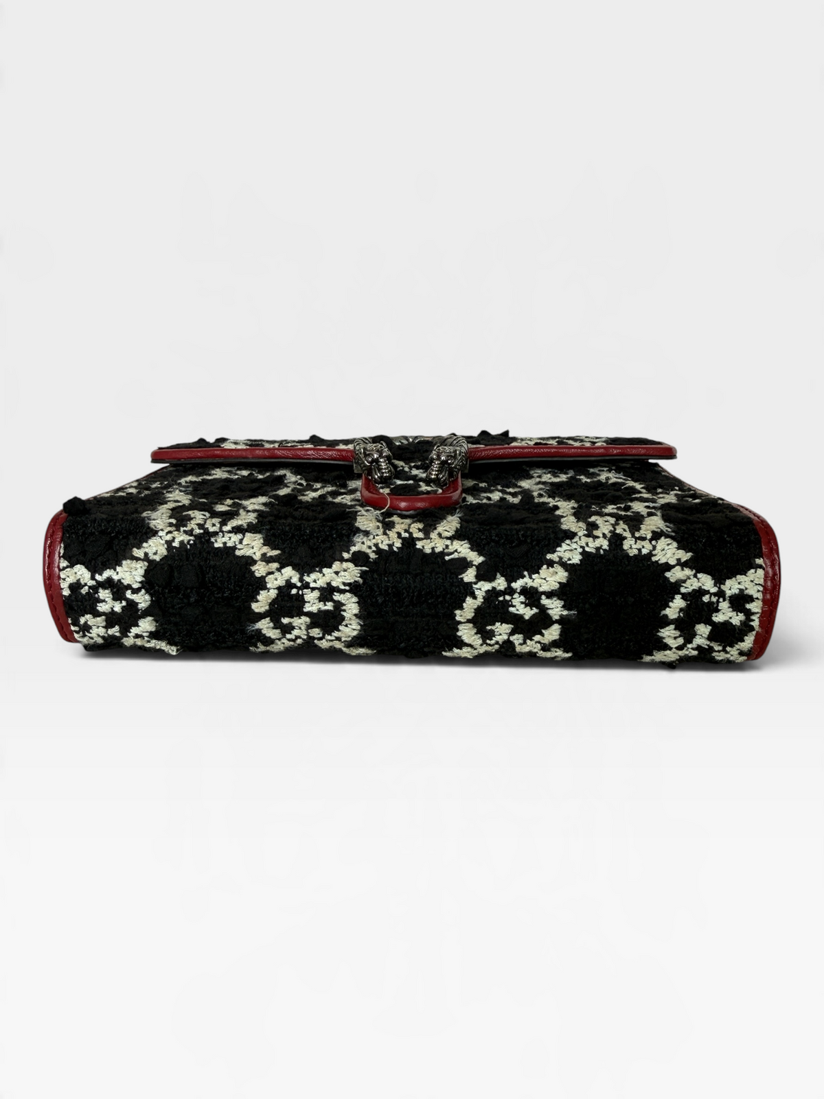 Gucci Dionysus GG Tweed Chain Wallet in Black and White with Red Trim – Mini