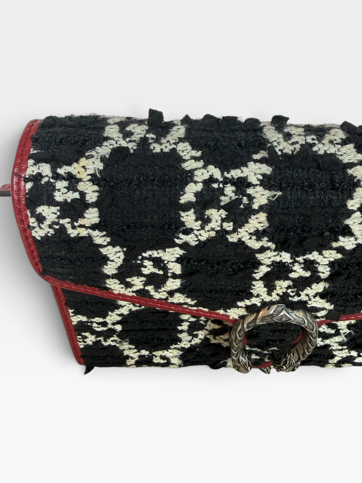 Gucci Dionysus GG Tweed Chain Wallet in Black and White with Red Trim – Mini