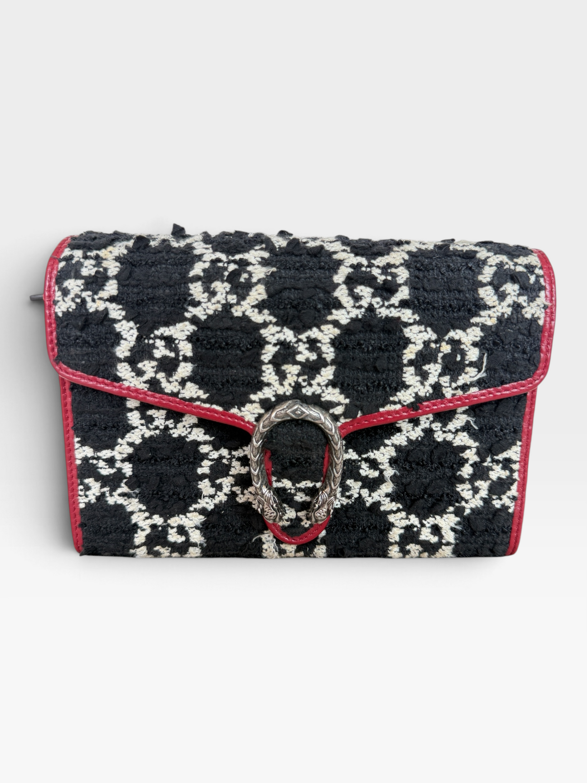 Gucci Dionysus GG Tweed Chain Wallet in Black and White with Red Trim – Mini