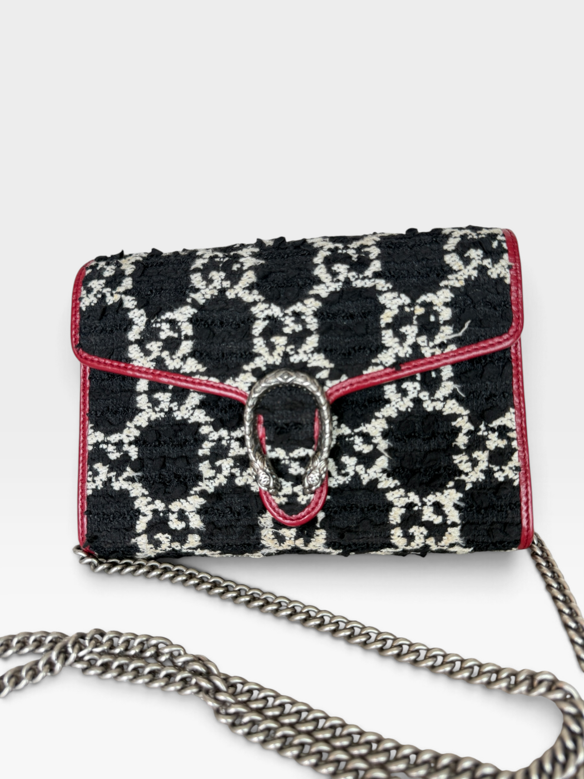 Gucci Dionysus GG Tweed Chain Wallet in Black and White with Red Trim – Mini