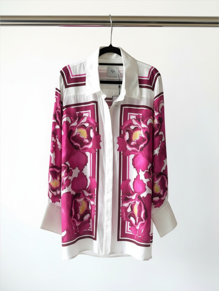 Aje Atomic Silk Shirt in Boldly Blooming Floral Print size 10 NWT