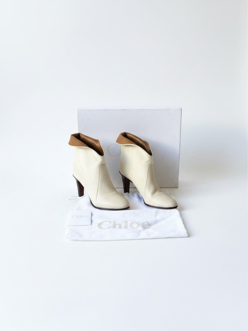 Chloé Two-Tone Canvas Leather Ankle Boot in Ecru - Size 38.5