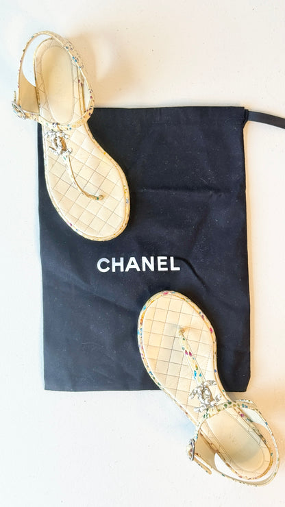 Chanel Quilted Leather CC Logo Sandals- Size 37C