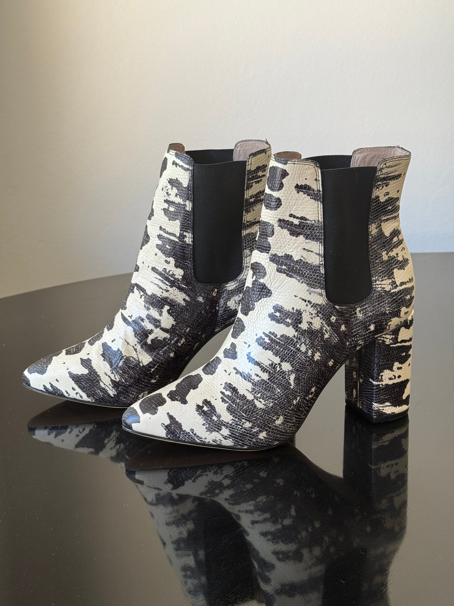 Zimmermann Black & White Animal Print Ankle Boots – Block Heel Chelsea Style- Size 37