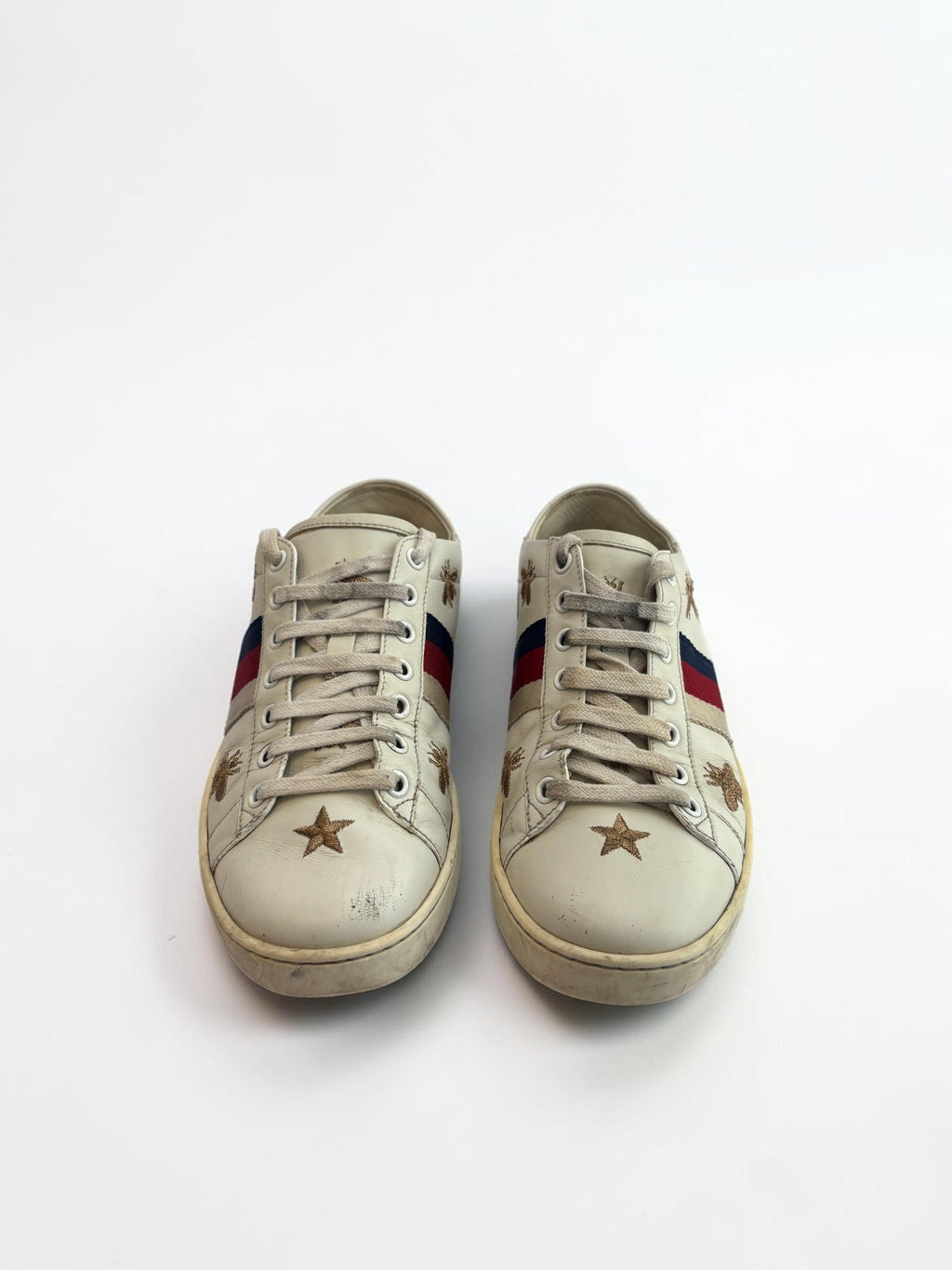 Gucci Ace Bee Star embroidered leather sneakers in white, sole and Sylvie Web stripe detail